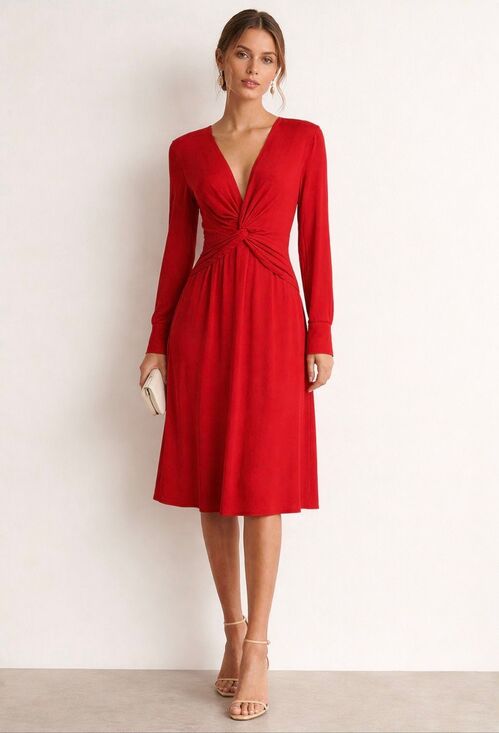 Equipment Dresses & Skirts - Equipment Femme Short Faun Red Twist Knot V Neck Midi Dress NWT Size 6